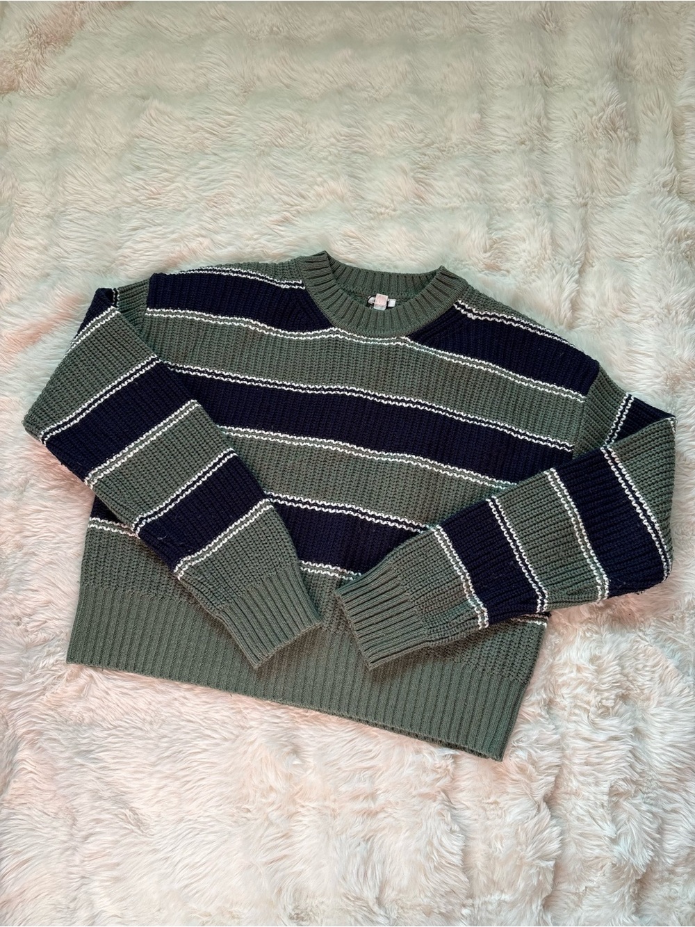 Garage Olive & Navy Striped Crew Sweater with White Accents
